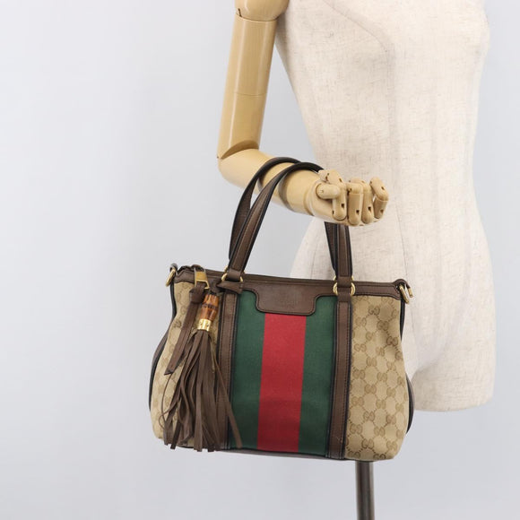 GUCCI GG Canvas Bamboo Hand Bag Beige Gold Tone 353114 Auth LN077A