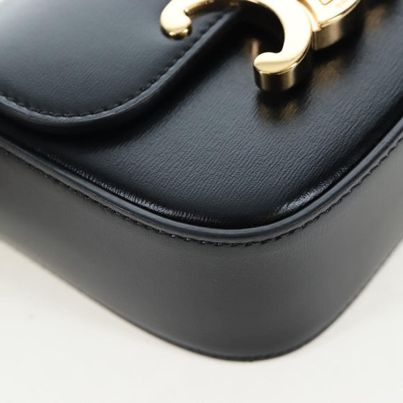 CELINE Triomphe Shoulder Pouch Leather Black Gold Auth LN079M