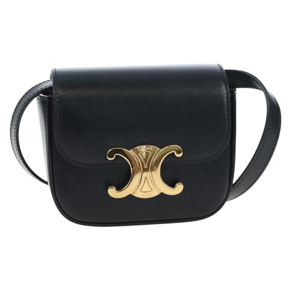 CELINE Triomphe Shoulder Pouch Leather Black Gold Auth LN079M