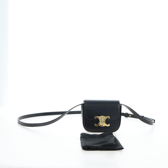 CELINE Triomphe Shoulder Pouch Leather Black Gold Auth LN079M