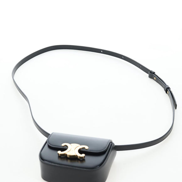 CELINE Triomphe Shoulder Pouch Leather Black Gold Auth LN079M
