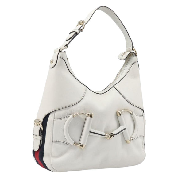 GUCCI Sherry Line Horsebit Shoulder Bag Leather White Gold 247604 Auth LN087V
