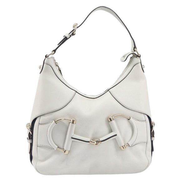 GUCCI Sherry Line Horsebit Shoulder Bag Leather White Gold 247604 Auth LN087V