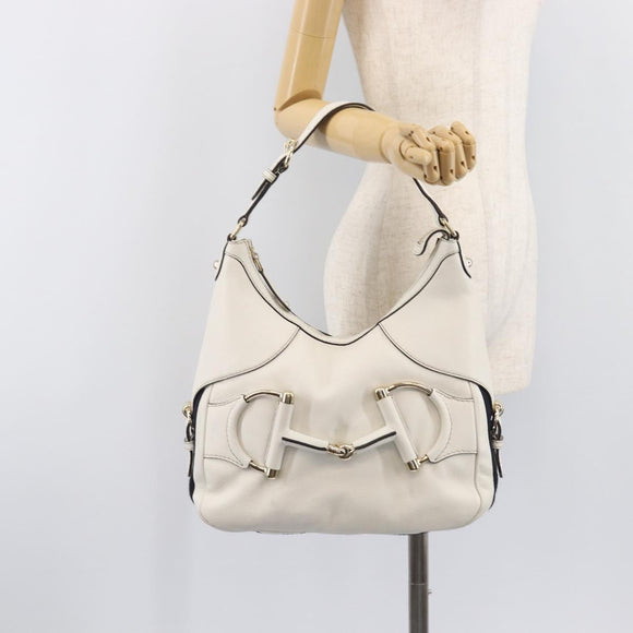 GUCCI Sherry Line Horsebit Shoulder Bag Leather White Gold 247604 Auth LN087V