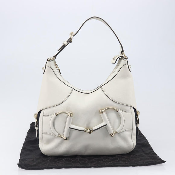 GUCCI Sherry Line Horsebit Shoulder Bag Leather White Gold 247604 Auth LN087V
