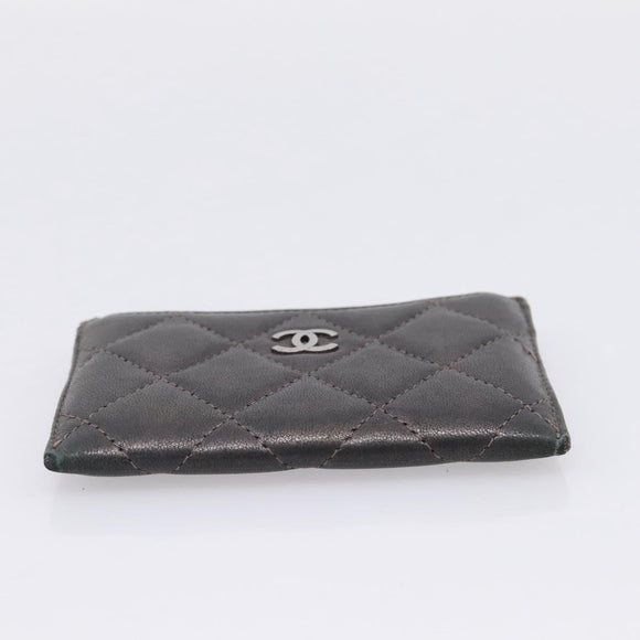 CHANEL Matelasse Card Case Lamb Skin Gray Silver CC Auth LN111