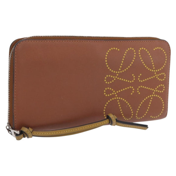 LOEWE Long Wallet Leather Brown Silver Auth LN116V