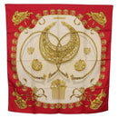 HERMES Carre 90 Scarf Silk Red Beige ""LES CAVALIERS D'OR"" Auth LN117-1