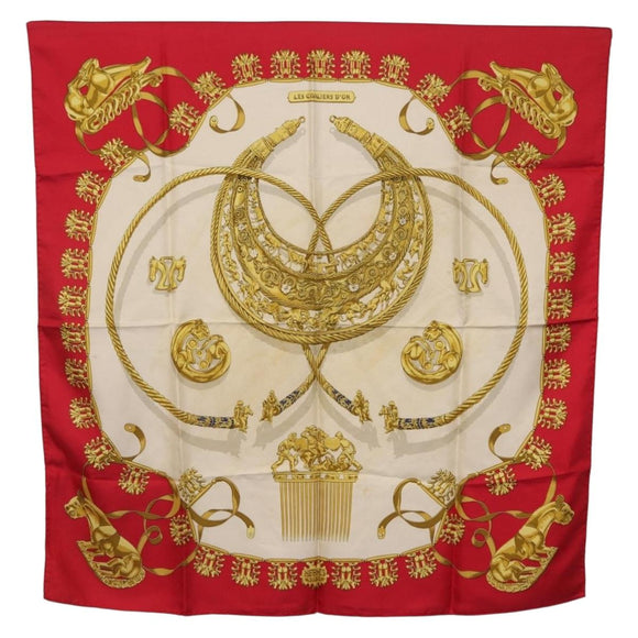 HERMES Carre 90 Scarf Silk Red Beige ""LES CAVALIERS D'OR"" Auth LN117