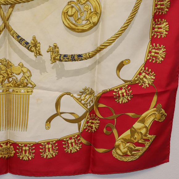 HERMES Carre 90 Scarf Silk Red Beige ""LES CAVALIERS D'OR"" Auth LN117