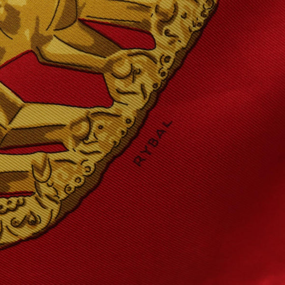 HERMES Carre 90 Scarf Silk Red Beige ""LES CAVALIERS D'OR"" Auth LN117