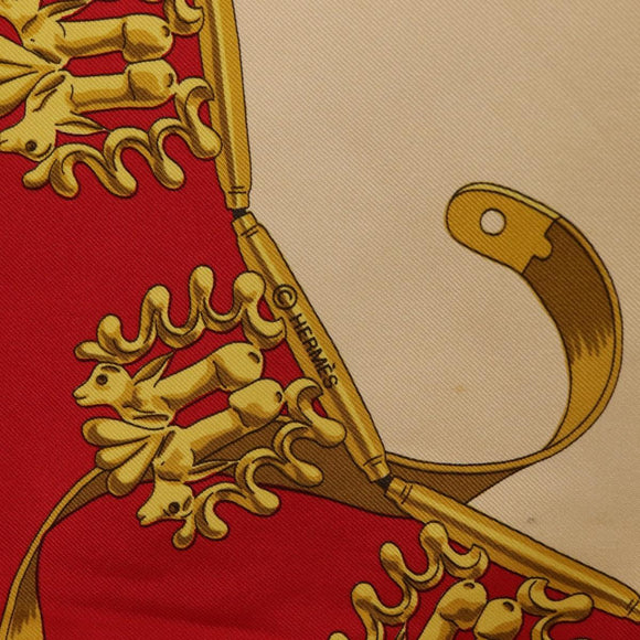 HERMES Carre 90 Scarf Silk Red Beige ""LES CAVALIERS D'OR"" Auth LN117