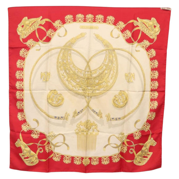 HERMES Carre 90 Scarf Silk Red Beige ""LES CAVALIERS D'OR"" Auth LN117