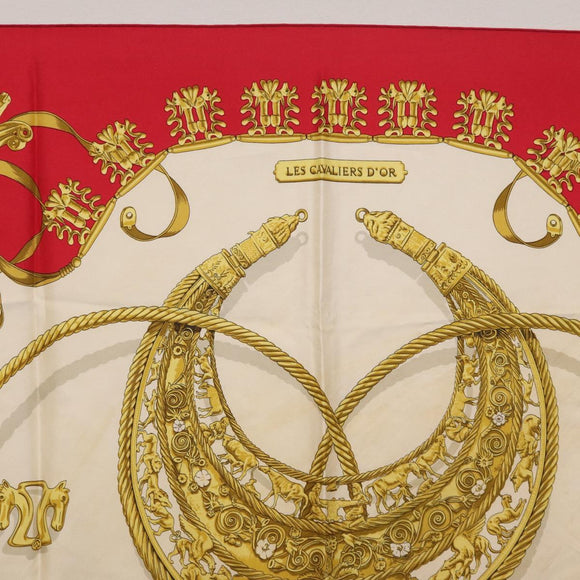HERMES Carre 90 Scarf Silk Red Beige ""LES CAVALIERS D'OR"" Auth LN117