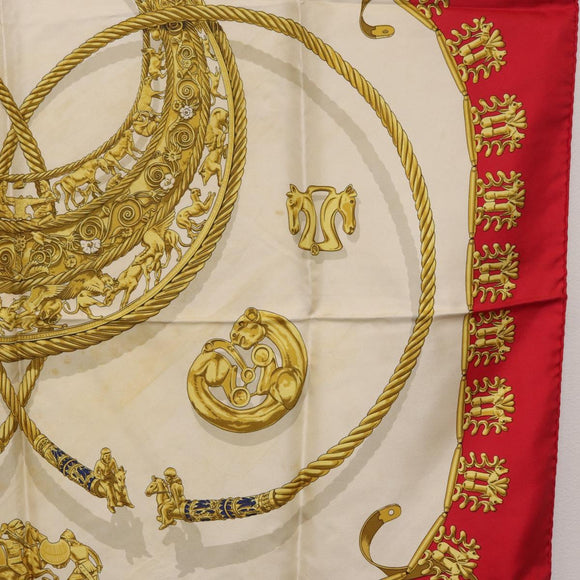 HERMES Carre 90 Scarf Silk Red Beige ""LES CAVALIERS D'OR"" Auth LN117