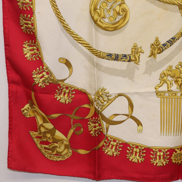HERMES Carre 90 Scarf Silk Red Beige ""LES CAVALIERS D'OR"" Auth LN117