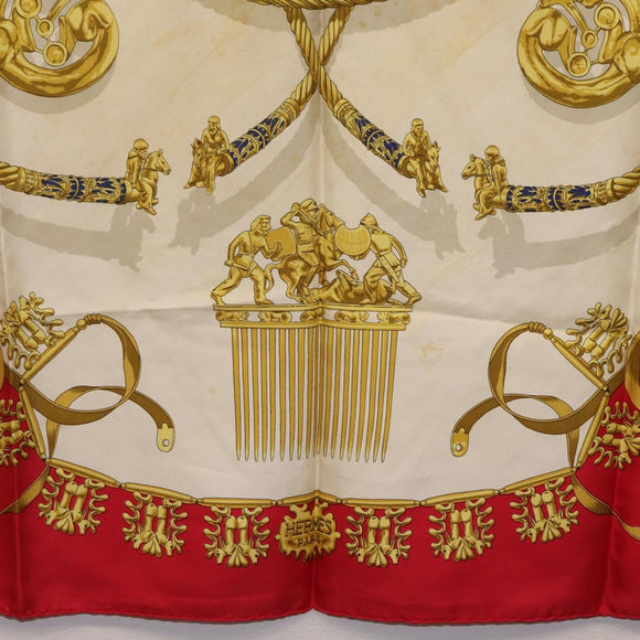 HERMES Carre 90 Scarf Silk Red Beige ""LES CAVALIERS D'OR"" Auth LN117