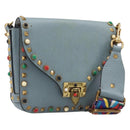 VALENTINO Studs Shoulder Bag Leather Light Blue Gold Auth LN123-1