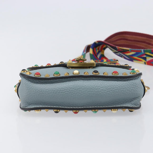 VALENTINO Studs Shoulder Bag Leather Light Blue Gold Auth LN123