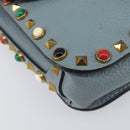 VALENTINO Studs Shoulder Bag Leather Light Blue Gold Auth LN123-18