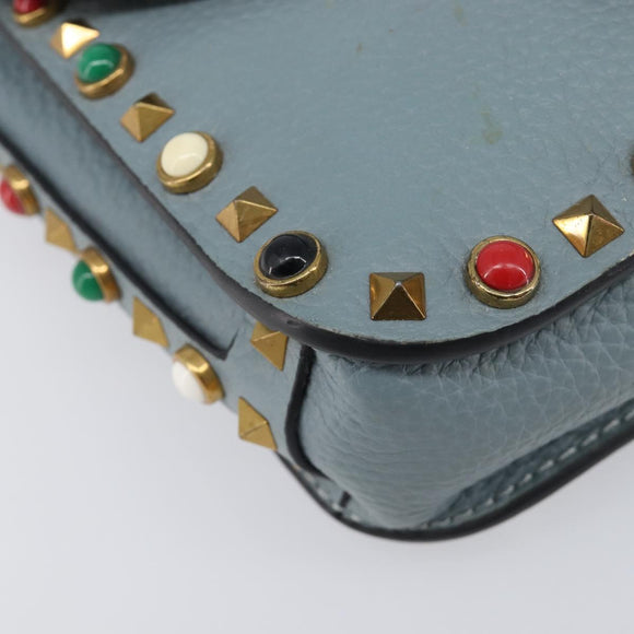VALENTINO Studs Shoulder Bag Leather Light Blue Gold Auth LN123