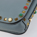VALENTINO Studs Shoulder Bag Leather Light Blue Gold Auth LN123-19
