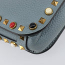 VALENTINO Studs Shoulder Bag Leather Light Blue Gold Auth LN123-20