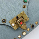 VALENTINO Studs Shoulder Bag Leather Light Blue Gold Auth LN123-23