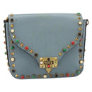VALENTINO Studs Shoulder Bag Leather Light Blue Gold Auth LN123-13