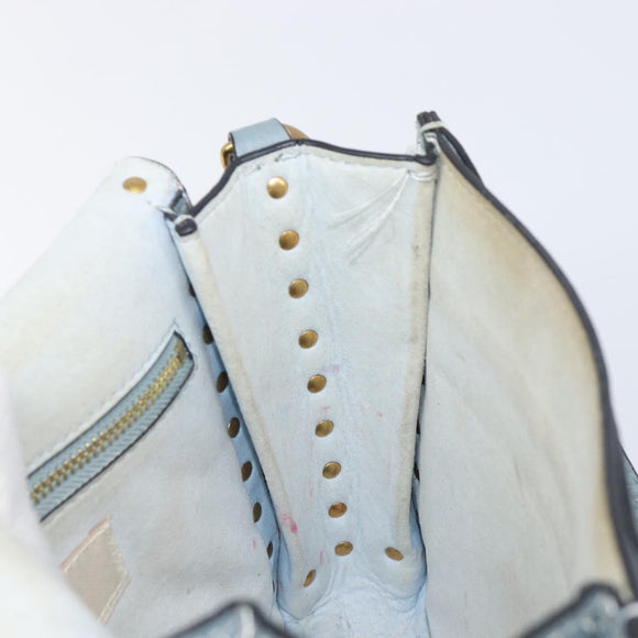 VALENTINO Studs Shoulder Bag Leather Light Blue Gold Auth LN123