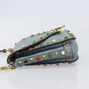 VALENTINO Studs Shoulder Bag Leather Light Blue Gold Auth LN123-5