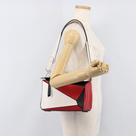 LOEWE Puzzle Bag Medium Hand Bag Leather 2way Red Silver Auth LN127M