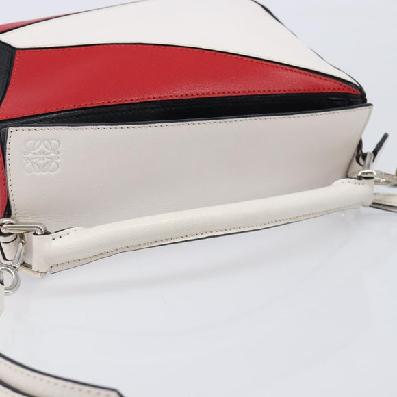 LOEWE Puzzle Bag Medium Hand Bag Leather 2way Red Silver Auth LN127M