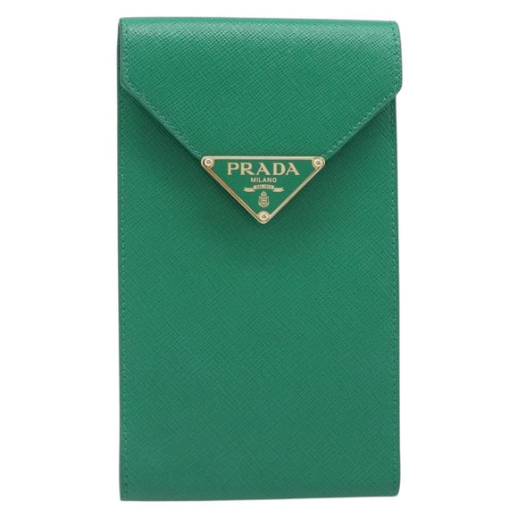 PRADA Chain Shoulder Pouch Safiano Leather Green Gold Auth LN130V