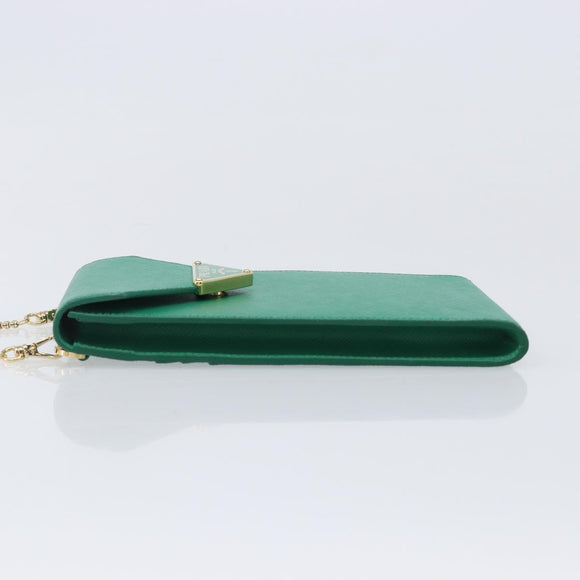PRADA Chain Shoulder Pouch Safiano Leather Green Gold Auth LN130V