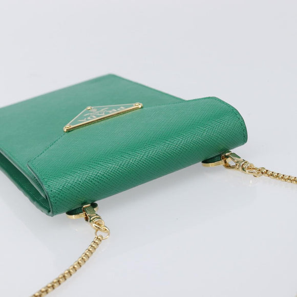 PRADA Chain Shoulder Pouch Safiano Leather Green Gold Auth LN130V