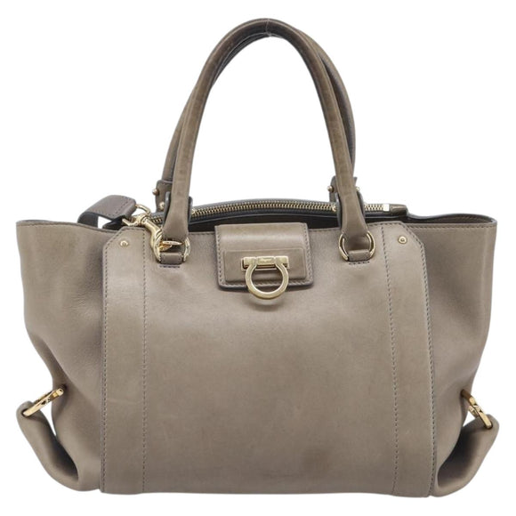 Salvatore Ferragamo Gancini Hand Bag Leather 2way Gray Gold Auth LN143