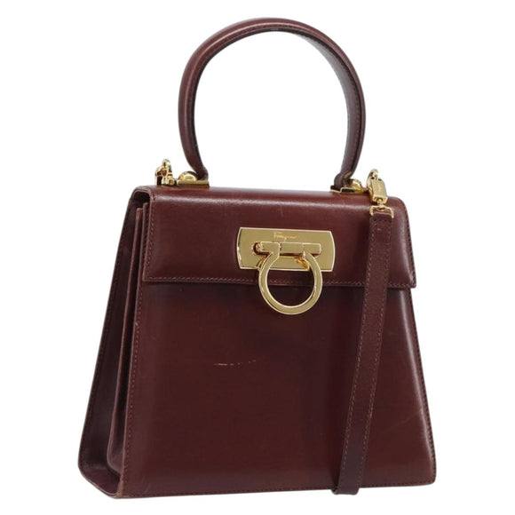 Salvatore Ferragamo Gancini Hand Bag Leather 2way Brown Gold Auth LN168