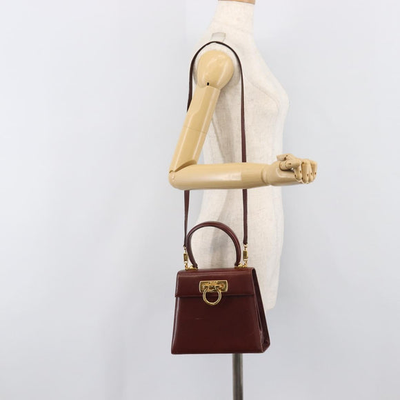 Salvatore Ferragamo Gancini Hand Bag Leather 2way Brown Gold Auth LN168