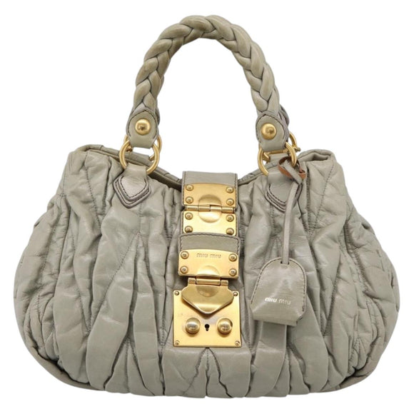 Miu Miu Gathered Hand Bag Leather 2way Gray Gold Auth LN169