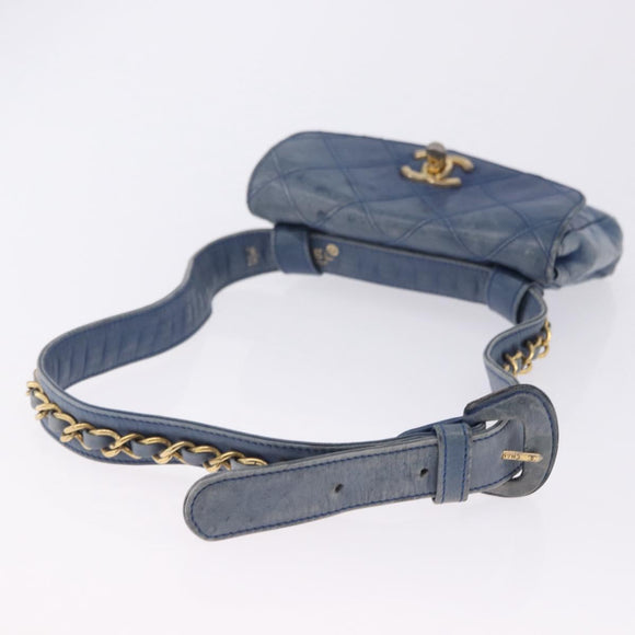 CHANEL Bicolore Waist Bag Leather Blue Gold CC Auth LN173