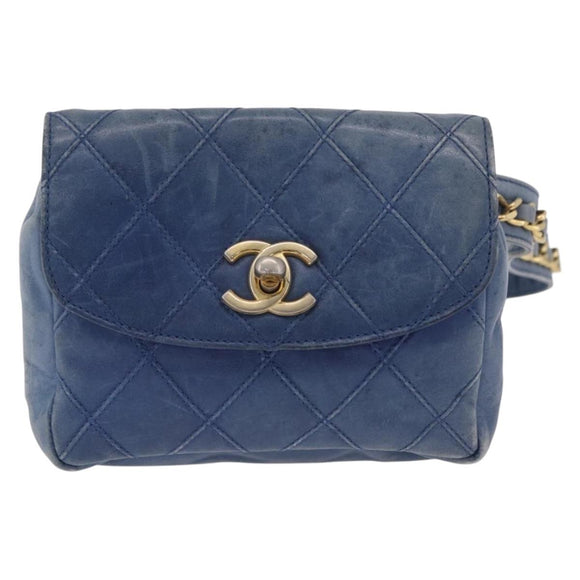 CHANEL Bicolore Waist Bag Leather Blue Gold CC Auth LN173