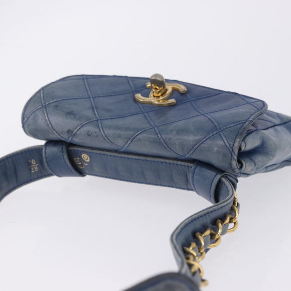 CHANEL Bicolore Waist Bag Leather Blue Gold CC Auth LN173