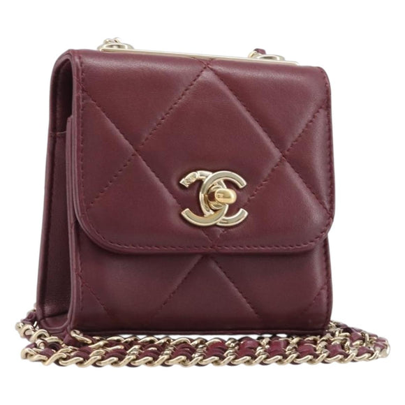 CHANEL Matelasse Chain Shoulder Bag Lamb Skin Bordeaux Gold CC Auth LN176M