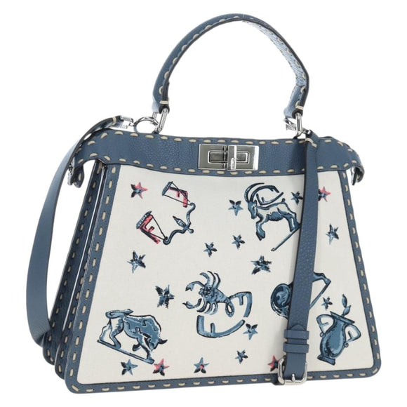 FENDI Selleria Peek A Boo I See You Bag Canvas 2way Light Blue Auth LN207SAM