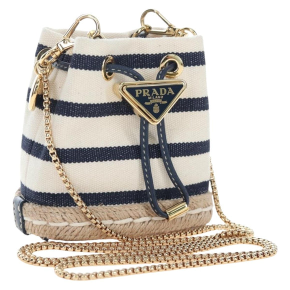 PRADA Chain Shoulder Pouch Canvas Navy Gold Auth LN217M