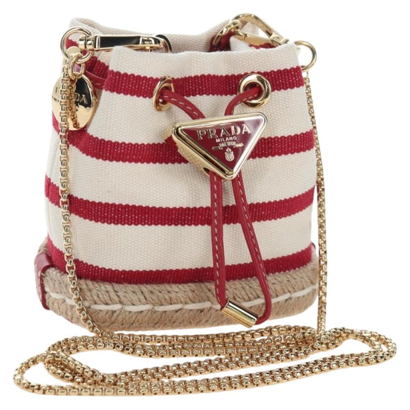 PRADA Chain Shoulder Pouch Canvas Red Gold Auth LN218M