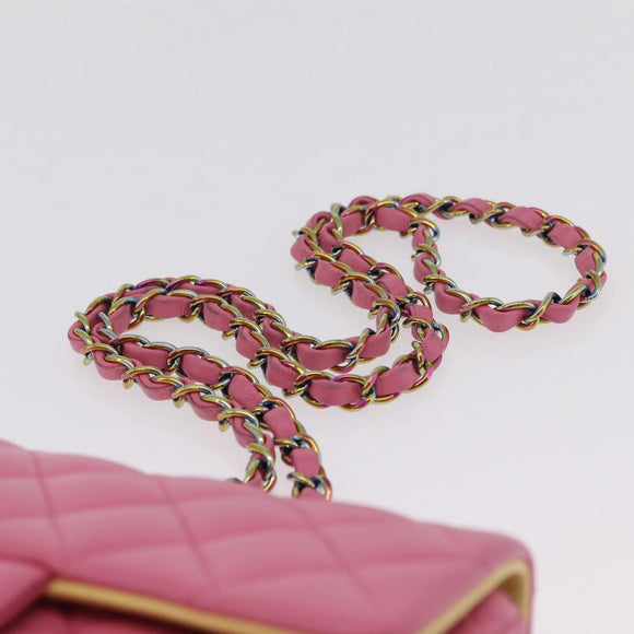 CHANEL Mini Matelasse 20 Chain Shoulder Bag Lamb Skin Pink Gold CC Auth LN219SAM