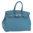 HERMES Birkin 35 Hand Bag Taurillon Leather Turquoise Blue Silver Auth LN221SM-1