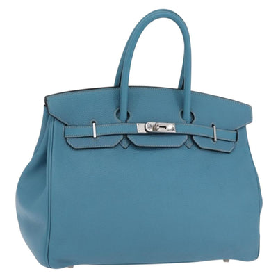 HERMES Birkin 35 Hand Bag Taurillon Leather Turquoise Blue Silver Auth LN221SM